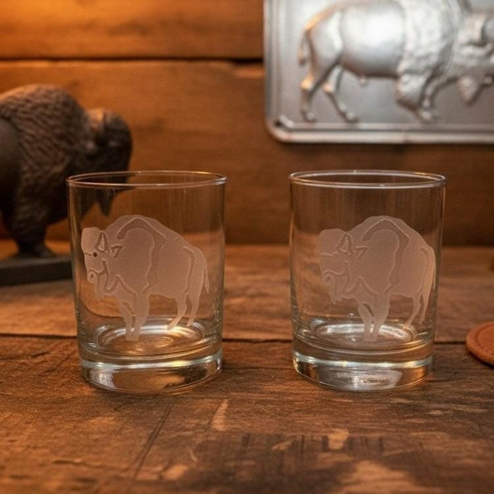Standing Buffalo DOF Whiskey Glasses, Set of 2, Reeds Jewelers Etched Barware